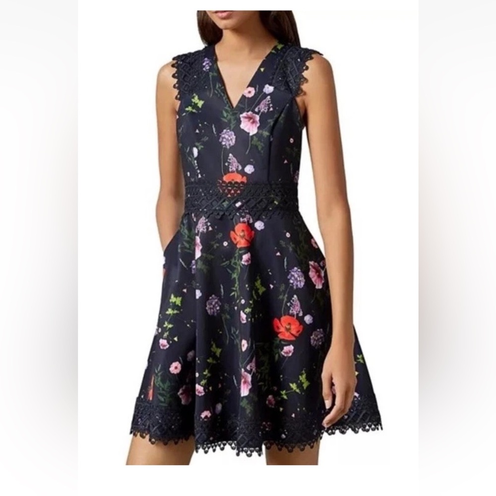 Ted Baker Hedgerow Floral V-Neck Fit & Flare Dress Navy Blue Size 1